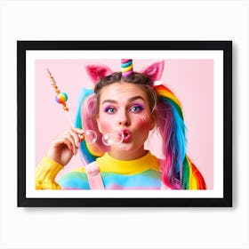 Young Girl Blowing Bubbles In Unicorn Costume Art Print
