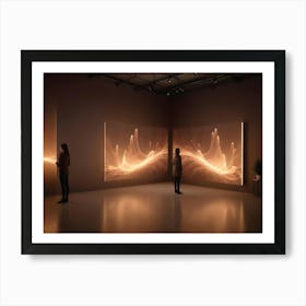 Two Women Stand In A Modern Gallery Space With Two Large Digital Displays Showing Abstract Artwork Art Print