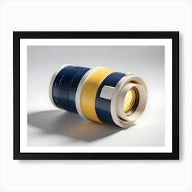 A Minimalist Image Of A Blue, Yellow, And White Camera Lens On A Gray Background, Representing Photography And Creative Tools Art Print