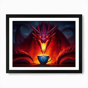 Illustration Of A Majestic Red Dragon With Eyes Narrowed In Glaring Intensity Reaching For A Cup Of Art Print