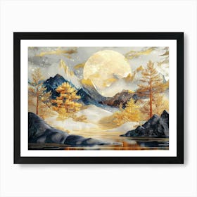 3d Art Landscape Moon, Golden Christmas Trees, Colorful Mountains Affiche