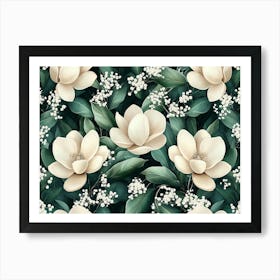 Magnolia Flowers Seamless Pattern, Luxury Floral Art Print