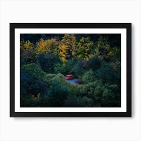 Lonely Red Campervan In The Trees Art Print