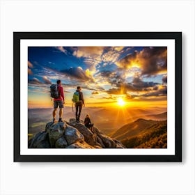 Three Hikers Admiring Sunset View From Mountain Peak Art Print