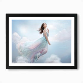 Girl Levitating Amidst Wispy Translucent Clouds Against A Soft Pastel Sky Flowing Dress Trailing G Art Print