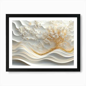 3d Relief White and Gold Wave, 3d Gold Tree Art Print