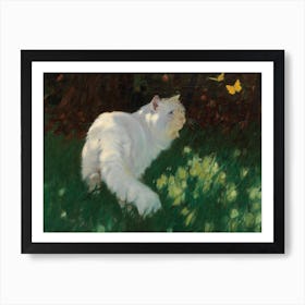 White Cat And Butterflies, Arthur Heyer Art Print
