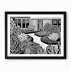 Beautiful Garden Linocut Black And White Painting 3 Art Print