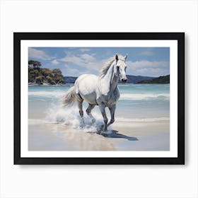 A Horse Oil Painting In Whitehaven Beach, Australia, Landscape 2 Art Print