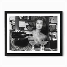 Sophia Pouring Champagne, Vintage Black and White Old Photo, Bar Cart Decor Art Print