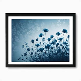 Abstract Image Of A Field Of Flowers With Blue Petals Against A Misty Background Art Print