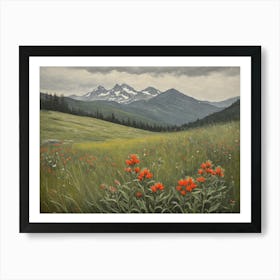 Vintage Oil Painting of indian Paintbrushes in a Meadow, Mountains in the Background 7 Art Print