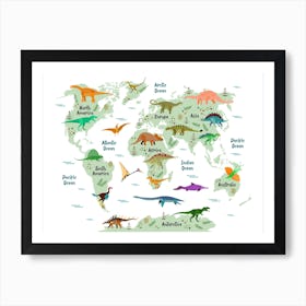 Colourful Dinosaur World Map Art Print