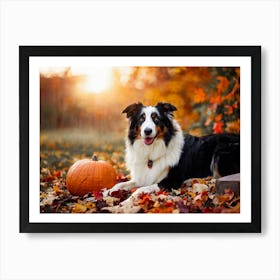 Autumnal Backdrop Transitioning Into Winter An American Border Collie Sits On A Bed Of Fallen Leave (5) Art Print