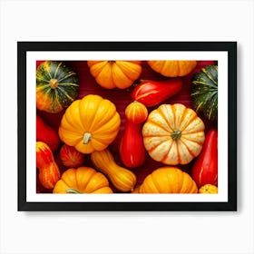 A Digitally Rendered Closeup Of An October Harvest Bursting With Multicolored Autumnal Squash Inclu (1) Art Print