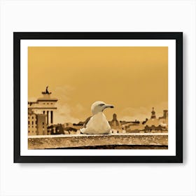 Seagull sitting perched on a rooftop ledge in the historical center of Rome. Its white feathers contrasting against the warm, sepia-toned cityscape behind it. The bird's head is turned slightly, gazing out at the distant buildings, creating a sense of tranquility and observation. Art Print