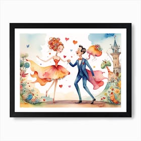 Couple Valentine's Day water Color caricature, Love Art Print