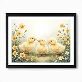 Sunlit Duckling Family In Spring Garden Whimsical Decor Art Print