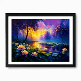 Radiant Lotus Pond on a Rainy Day made with Vivid Oil Colors Art Print