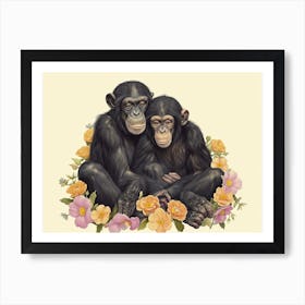 Floral Animal Illustration Bonobo 3 Poster