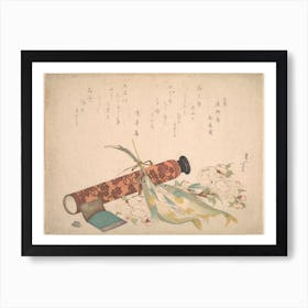 Still Life Double Cherry Blossom Branch, Telescope, Sweet Fish, And Tissue Case, Katsushika Hokusai Art Print