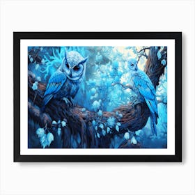 Owls In The Wild - Blue Owls Art Print