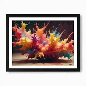 A Vibrant Explosion Of Colorful Paint In Mid Air, Creating A Dynamic And Abstract Splash Against A Dark Background Art Print