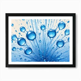 Abstract Image Of A Blue Water Droplet Explosion With Multiple Droplets Radiating Out, Creating A Sense Of Energy And Movement Art Print