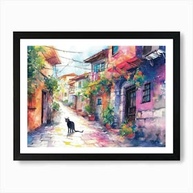 Izmir, Turkey   Cat In Street Art Watercolour Painting 3 Art Print