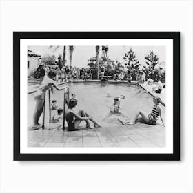 People In a Pool, Summer, Vintage Black and White Old Photo Art Print