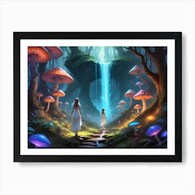 Two Women Walking Through A Mystical Forest With Glowing Mushrooms And A Waterfall Art Print