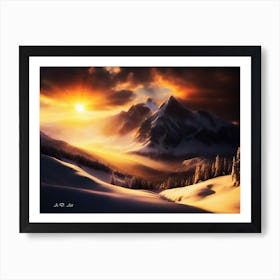 Majestic Mountain Valley And Forest Trees In A Winter Sunrise Photo Realistic Picture Art Print