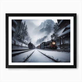 Classic Steam Train at a winter train station - Oil Painting Art Print