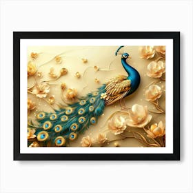 3d Peacock Illustration Background With Golden Jewelry And Flowers 2 Art Print