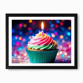 Cupcake With Vibrant Swirls Of Pink Blue And Green Frosting Single Lit Candle Atop Celebrating A (6) Art Print