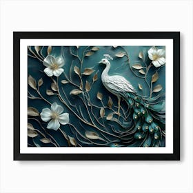 3d Modern Painting Abstraction Art With White, Dark Green And Golden And Flowers With Feathers Affiche