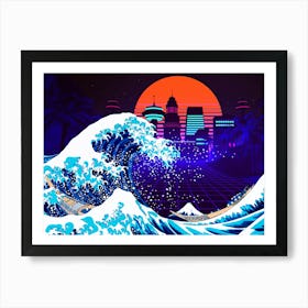 Synthwave Space: The Great Wave off Kanagawa & City [synthwave/vaporwave/cyberpunk] — aesthetic poster, retrowave poster, neon poster Art Print
