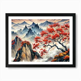 Mountain Landscape With Red Tree In Fog Art Print