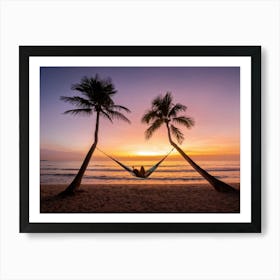 Beach At Sunset Silhouette Of A Single Person Lounging On A Hammock Strung Between Two Palm Trees Art Print