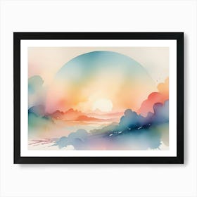 Abstract Watercolor Painting Of A Sunset Behind Mountains And A Lake, With A Circular Frame Adding A Unique Element Art Print