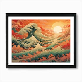 A Digital Painting Of A Japanese Inspired Landscape With Large, Stylized Waves And A Setting Sun Art Print