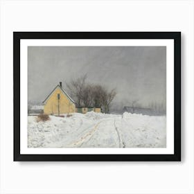 Yellow House in the Snow, Vintage Winter Landscape Art Print