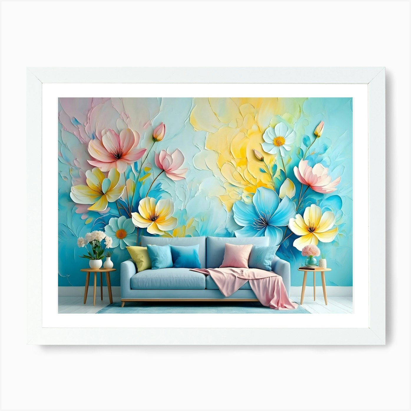 Floral Wall Art Above A Light Blue  Framed Wall Art Poster Canvas Print Picture