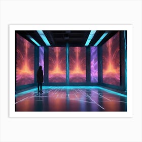 A Woman In A Dark Coat Stands In A Futuristic, Neon Lit Room With Four Large Screens Displaying Abstract Patterns Art Print