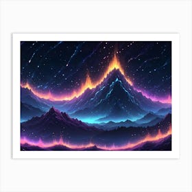 Silhouetted Mountains Rise Against A Dark, Starry Sky, Illuminated By Vertical Streaks Of Neon Light, Creating A Magical And Futuristic Atmosphere Art Print