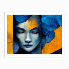 Asian Woman With Blue Flowers Art Print