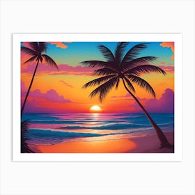 A Tranquil Beach At Sunset Horizontal Illustration 6 Art Print