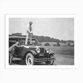 Golfer Teeing Off On Top Of A Car, Vintage Golf Art, Black and White Old Photo Art Print