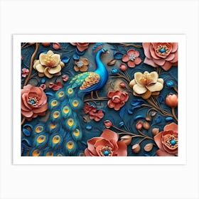 Elegant Leather Base Combines Bright Color Floral With Exotic Oriental Pattern Flowers And Peacocks 1 Art Print