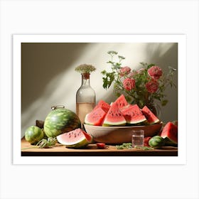 Still life with watermelon and flowers Art Print